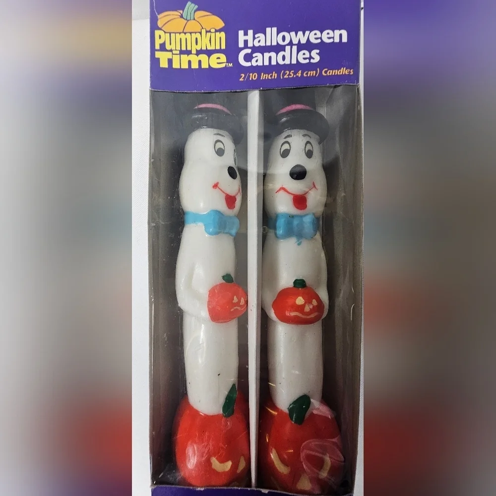 Vintage Pumpkin Time Ghost Halloween Candles Kmart 10” Taper Pair NOS